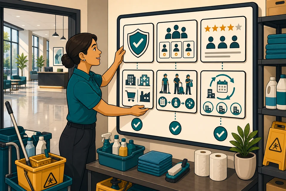 Commercial Cleaners trust-builder illustration for proof appears before hesitation.